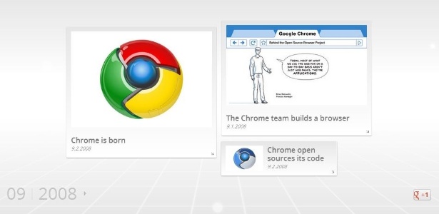 Primeira tela do infográfico "Máquina do tempo Chrome", que mostra a evolução do software - Reprodução