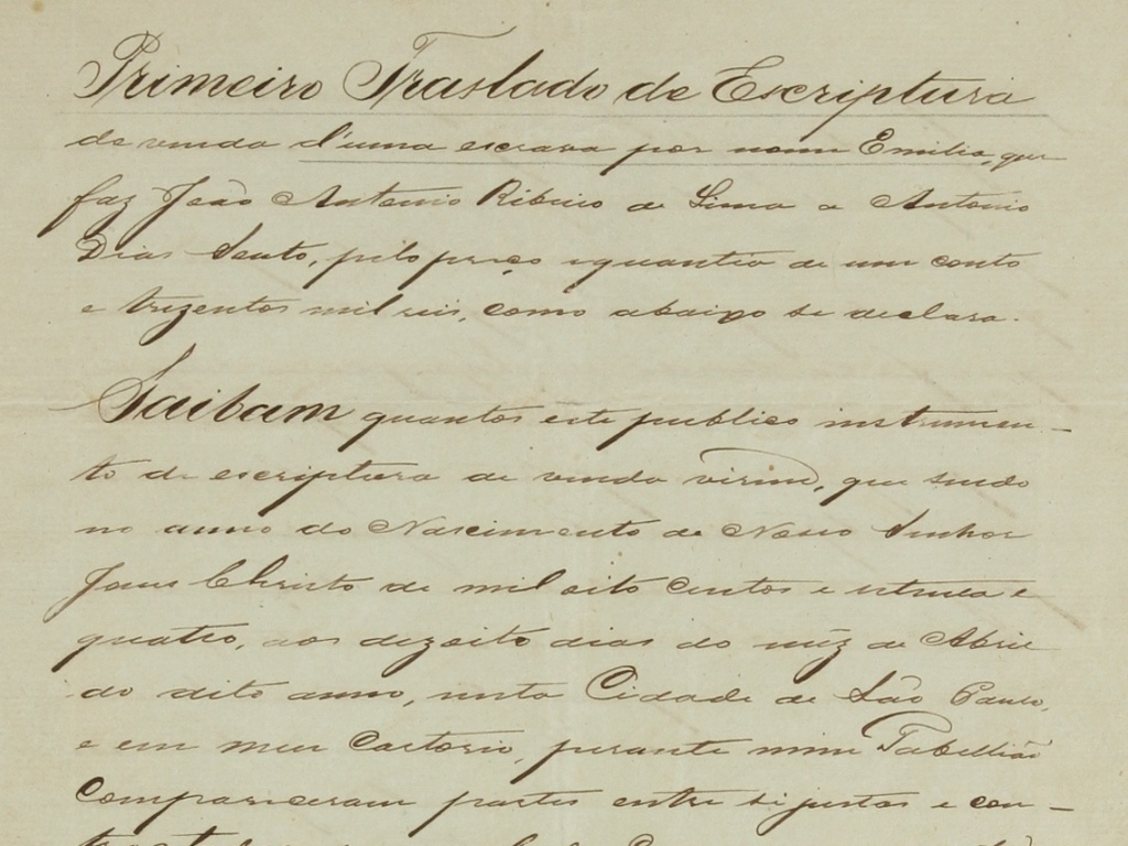 Contrato de venda de escravo da época do Brasil Império, que pode ser visto em exposição - Divulgação