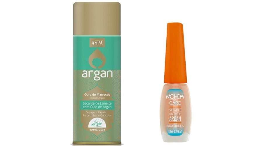 Após a febre dos produtos para cabelos com óleo de argan, agora é a vez o ingrediente aparecer nos produtos para as unhas, como o spray secante de esmalte da Aspa (R$ 16) e no óleo secante da Mohda. SACs através dos sites: www.aspacosmeticos.com.br e www.mohda.com.br - Divulgação