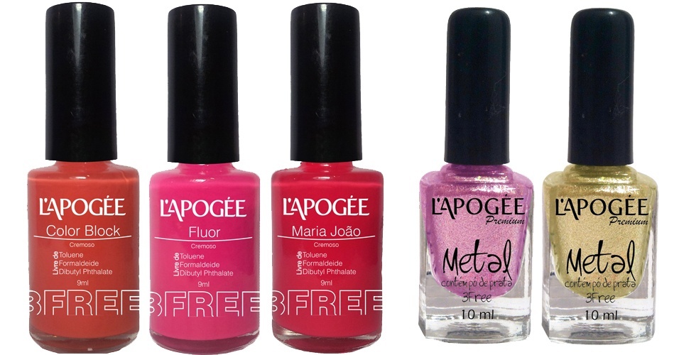 Esmaltes L'Apogée versão 3 Free, livres de substâncias que podem ser tóxicas ou causar alergias. Preços sugerido: R$ 3 (tradicionais) e R$ 7,30 (linha Metal Premium). SAC: (49) 3223-5901 - Divulgação