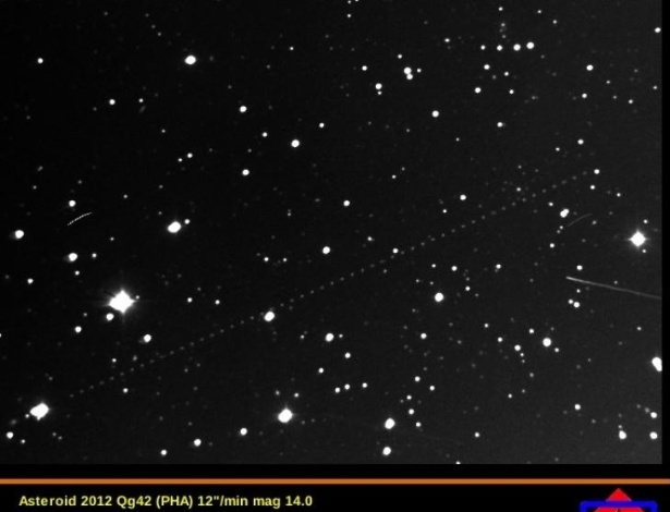 Linha pontilhada mostra trajeto do 2012 QG42, asteroide que vai passar perto da Terra na madrugada desta sexta-feira (14) - Reprodução