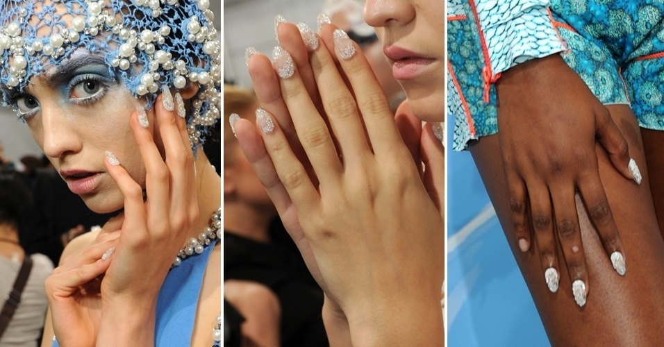 As unhas "stiletto" também apareceram no desfile de Joy Cioci, que levou às passarelas modelos usando modelos postiços com aplicações de pequenas pérolas - Getty Images