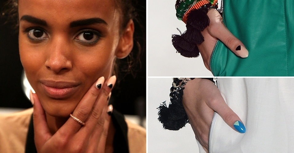 No desfile de Tracy Reese, as unhas levemente pontudas foram decoradas com uma meia lua geométrica, sendo que algumas modelos usavam a combinação nude com preto e outras azul com verde água - Getty Images