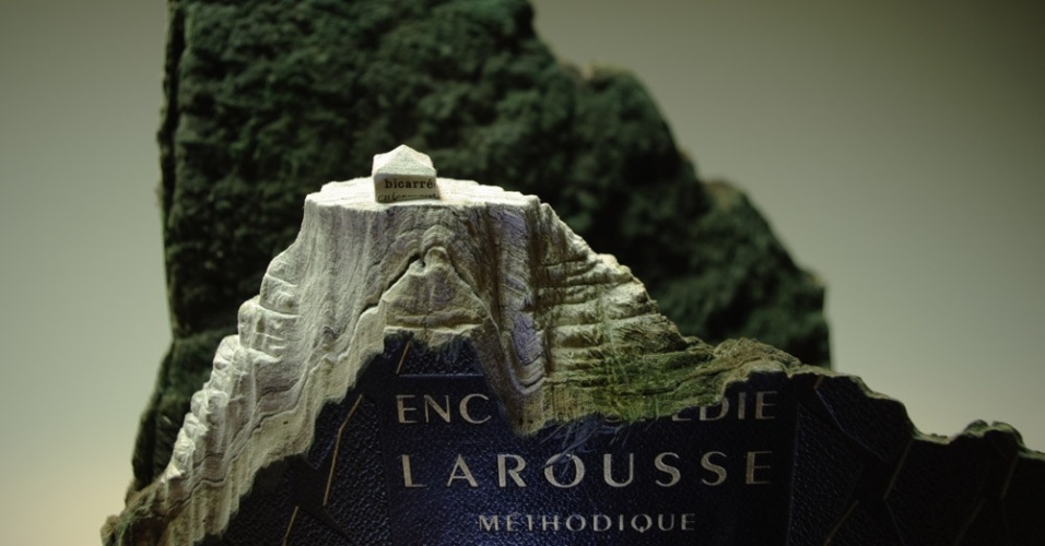 O artista canadense Guy Laramée esculpe paisagens em livros, em trabalhos sobre a natureza do conhecimento humano. Acima, um dicionário Larousse Methodique esculpido para o projeto A grande muralha - Guy Laramée