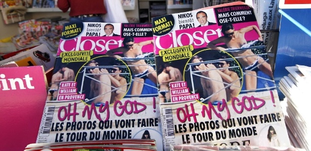 Banca de jornal francesa comercializa edição da revista "Closer" com imagens do Príncipe William e a mulher, a Duquesa Catherine em momentos de intimidade (14/9/12)