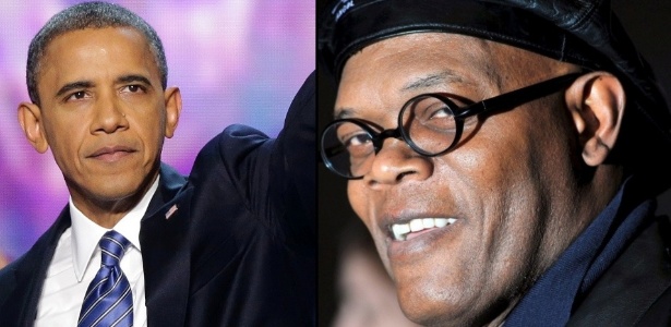 Barack Obama (à esquerda) recebe apoio do ator Samuel L. Jackson (à direita)