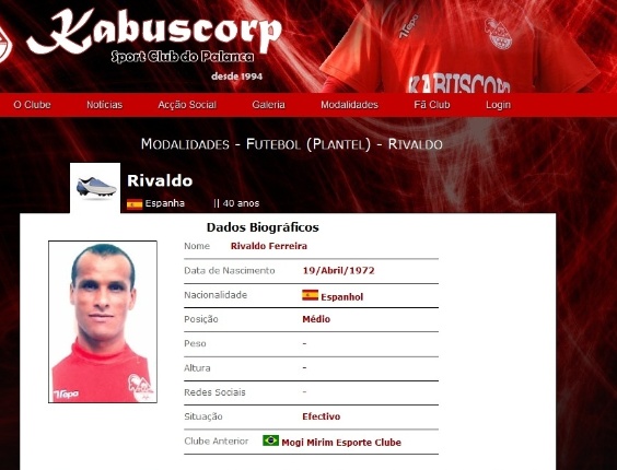 Imagem do site do clube angolano Kabuscorp onde atua Rivaldo - Divulgação