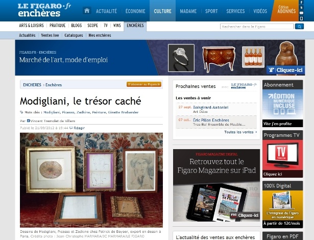 Jornal francês "Le Figaro" publica foto de obras inéditas de Modigliani e de Picasso descobertas na França (21/9/12) - Reprodução/LeFigaro