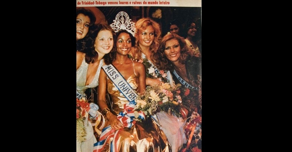 1977 - Vitória de... Trinidad e Tobago! Revista traz imagem da Miss Universo Janelle Commissiong, de Trinidad e Tobago, que derrotou a austríaca Eva Maria Düringer e a escocesa Sandra Bell 