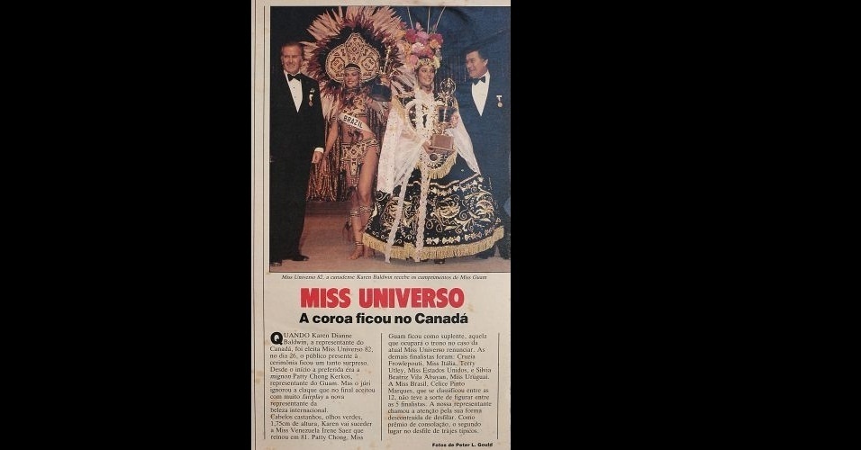 1982 - Revista traz matéria e foto da Miss Canadá, Karen Baldwin, a Miss Universo 1982. A Miss Brasil, Celice Marques, ficou entre as dez semifinalistas