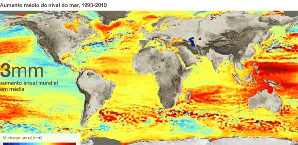Aumento médio do nível do mar, 1993 - 2010 - BBC