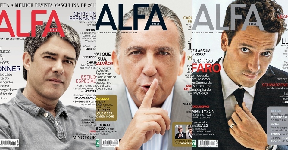 ALFA (Editora Abril) foi lançada em 2010 e tem como público-alvo homens das classes A e B, acima de 35 anos. A publicação apresenta matérias de cultura, moda, arte, gastronomia e consumo. O foco são exemplos de vida e de carreira para os homens ou mulheres bonitas. Na parte de estilo, tem editorial de moda, uma parte para você se inspirar no estilo de alguma alguma celebridade,  dicas de como usar uma peça específica, e uma parte dedicada aos cuidados pessoais - Divulgação
