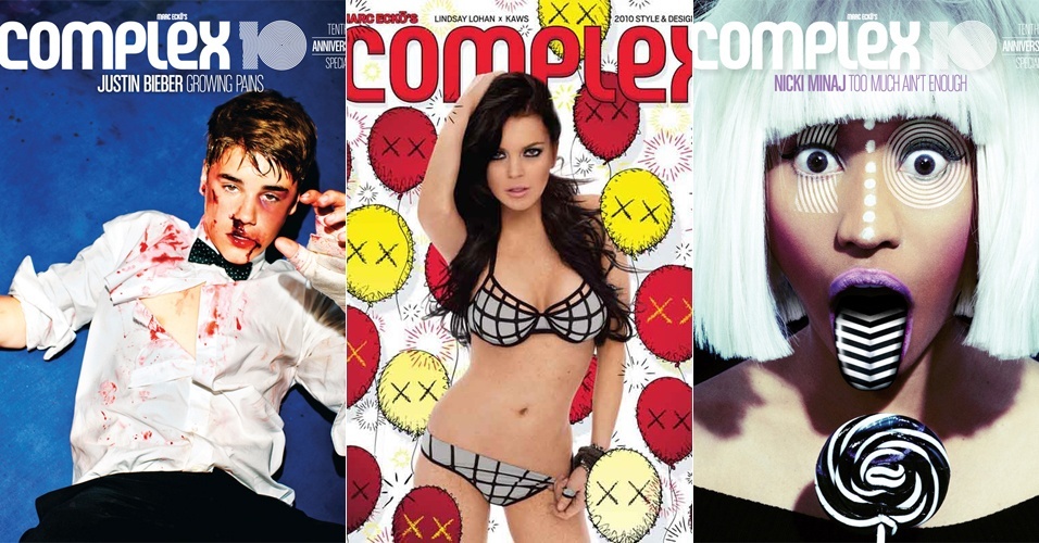 COMPLEX (Complex Media) é uma revista bimensal norte-americana lançada por Marc Ecko em 2002. É uma publicação independente da sua marca de moda, a Ecko, e voltada para o público jovem e universitário de até 30 anos. Seu formato segue o estilo 2 em 1, metade da revista tem uma capa com celebridades masculinas com matérias voltadas para estilo de vida, filmes, música, cultura urbana; do outro lado, a capa com celebridades femininas e com matérias voltado para o consumo de tênis, vestuário e tecnologia - Divulgação