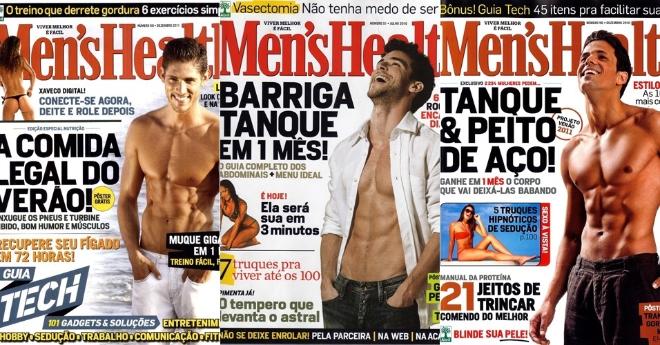 MEN'S HEALTH (Editora Abril) teve sua primeira edição em 1987, nos Estados Unidos, e foi lançada no Brasil em 2006. Ela cobre principalmente a área de saúde, fitness e nutrição, mas também tem matérias de relacionamento, viagens, tecnologia e finanças. A moda acompanha o estilo esportivo e casual da revista, junto a uma parte dedicada aos cuidados com a aparência e beleza  - Divulgação