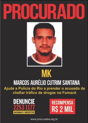 Marcos Aurélio Cutrim Santana, conhecido como "MK", é acusado de chefiar o tráfico de drogas na comunidade Fumacê, em Realengo, na zona oeste do Rio. O Disque-Denúncia oferece R$ 2 mil por informações que levem a captura do criminoso. - Divulgação