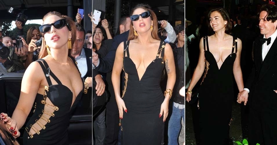 Em Milão, Lady Gaga usa vestido da grife Versace igual ao que Elizabeth Hurley usou em 1994 (3/10/12)
