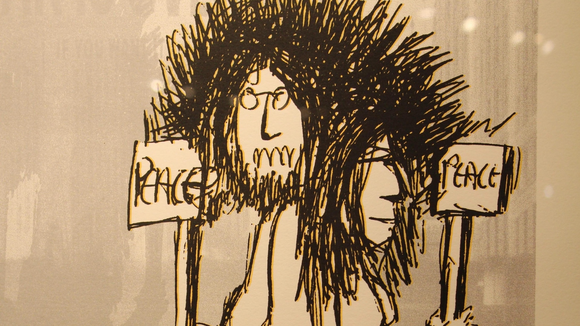 Desenho "Paz, Paz", de John Lennon, que faz parte da exposição "A Arte de John Lennon" em galeria do Soho em Nova York (4/10/12) - EFE / Jessica Martorell 