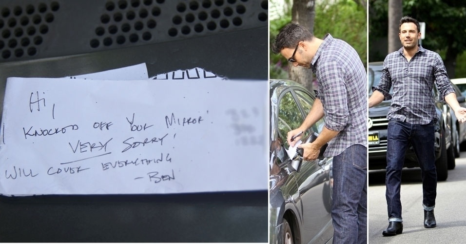 Ben Affleck quebra espelhinho de carro e deixa bilhete dizendo que irá reparar os danos (7/10/12)