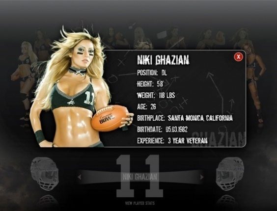 Ficha de Niki Ghazian em seus tempos de jogadora de futebol americano de lingerie