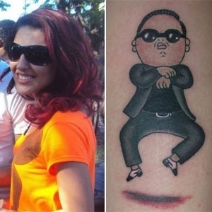 A tatuagem à direita, do cantor Psy, foi tatuada na panturrilha de Lettícia Maggioni (foto) - Facebook e Arquivo Pessoal 