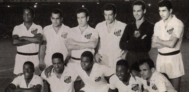 Santos campeão mundial de 1962 - Em pé: Lima, Zito, Dalmo, Calvet, Gilmar e Mauro; agachados: Dorval, Mengálvio, Coutinho, Pelé e Pepe - Reprodução