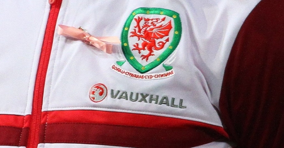Jogadores do País de Gales usam uma fita rosa em memória da menina de cinco anos de idade desaparecida April Jones, antes do jogo contra a Escócia. 