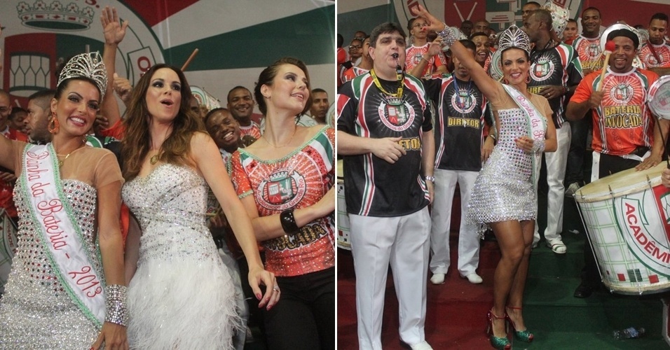 A repórter do programa "Domingão do Faustão", Carla Prata, é coroada rainha da bateria da Grande Rio do Carnaval 2013. As atrizes Ana Furtado (de branco) e Paola Oliveira foram prestigiar a coroação da repórter (13/10/12)