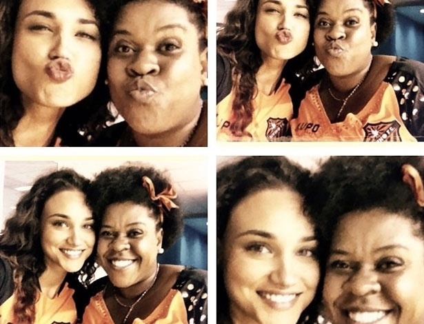 Débora Nascimento e Cacau Protásio, Tessália e Zezé em "Avenida Brasil", postaram no Twitter fotos dando beijinhos nos bastidores da novela. "Linda amendoim. Divino", escreveu Débora (16/10/12)