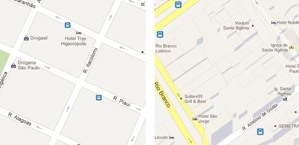 À esquerda, o mapa sem o detalhamento, à direita com a tecnologia, na cidade de São Paulo - Reprodução