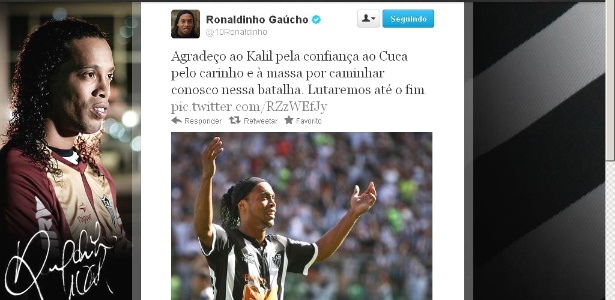 Ronaldinho Gaúcho usa o twitter para agradecer a torcida por caminhar com o time - Reprodução
