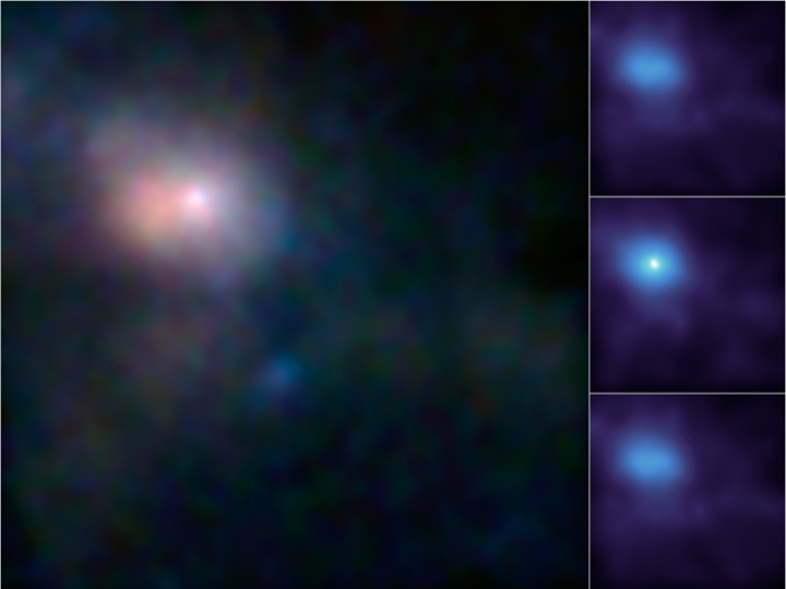 23.out.2012 - A Nasa (Agência Espacial Norte-Americana) divulgou nesta terça-feira (23) que o telescópio orbital NuStar detectou uma explosão no Sagittarius A*, um buraco negro gigante que vive no centro da Via Láctea. Na imagem principal, o ponto brilhante representa o material mais quente próximo ao buraco negro e a mancha rosa é o gás quente ao seu redor, provavelmente sugado de uma supernova. Na coluna à direita, as fotografias feitas durante dois dias de julho deste ano mostram o processo da explosão: durante o pico (centro), o buraco negro chegou a uma temperatura de 100 milhões de graus Celsius após consumir material