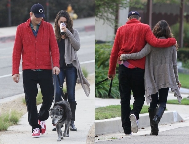 Ashton Kutcher e Mila Kunis são fotografados juntos ao levar o cachorro para passear (22/10/12)
