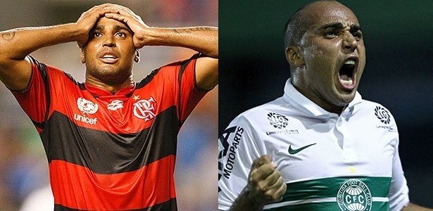 Deivid em dois momentos em 2012: gol perdido pelo Fla e fase goleadora com o Coritiba - André Portugal/VIPCOMM e HEULER ANDREY/ESTADÃO CONTEÚDO
