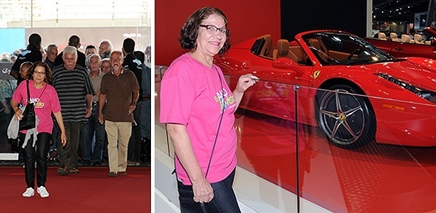 Nanci Alves, 67 anos, entra primeiro no Anhembi (à esq.) e vai direto ver a Ferrari 458 de perto - Murilo Góes/UOL