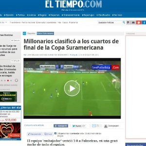 Jornal El Tiempo exaltou atuação do Millonarios e criticou postura do Palmeiras no fim da partida - Reprodução