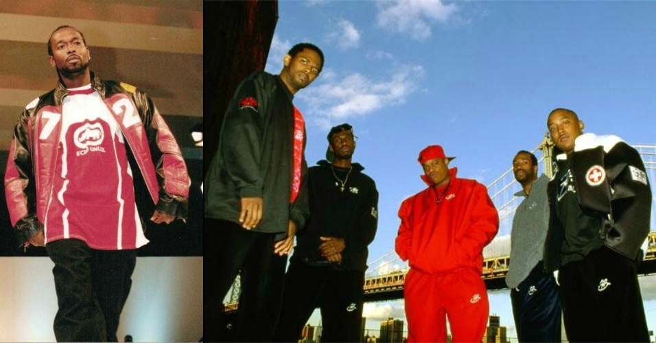 À esquerda, modelo em desfile da Ecko, marca surgida a partir de camisetas com estampas inspiradas no grafite. À direita, a equipe da FUBU, uma das maiores marcas de moda hip hop. A sigla FUBU significa "For Us By Us" ("Para Nós Por Nós", em inglês) - Ronnie Wright / "Free Stylin'"