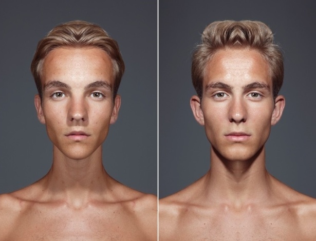 Estudos científicos identificam a simetria dos rostos como um dos requisitos para a noção de beleza. Para testar a afirmação, o fotógrafo australiano Julian Wolkenstein produziu uma série de imagens nas quais os rostos de modelos eram espelhados, formando faces perfeitamente simétricas - Julian Wolkenstein / via BBC
