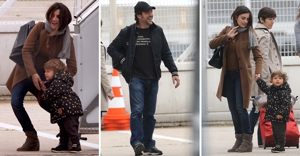 Javier Bardem e Penelope Cruz desembarcam com o filho Leo em aeroporto de Paris (24/10/12)