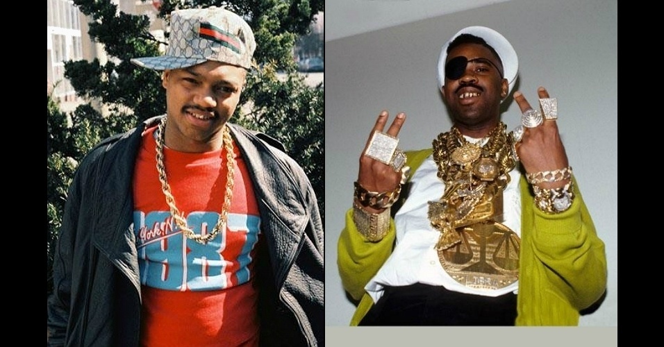 O VISUAL DO HIP HOP: Na década de 1980, garoto do Brooklyn, em Nova York, usa boné Gucci - uma das marcas que nada tinha a ver com o rap, mas fez muito sucesso neste universo. À direita, Slick Rick mostra visual clássico "bling", cheio de correntes, pulseiras e anéis dourados - Jamel Shabazz e Ernie Panicioli / "Free Stylin'"