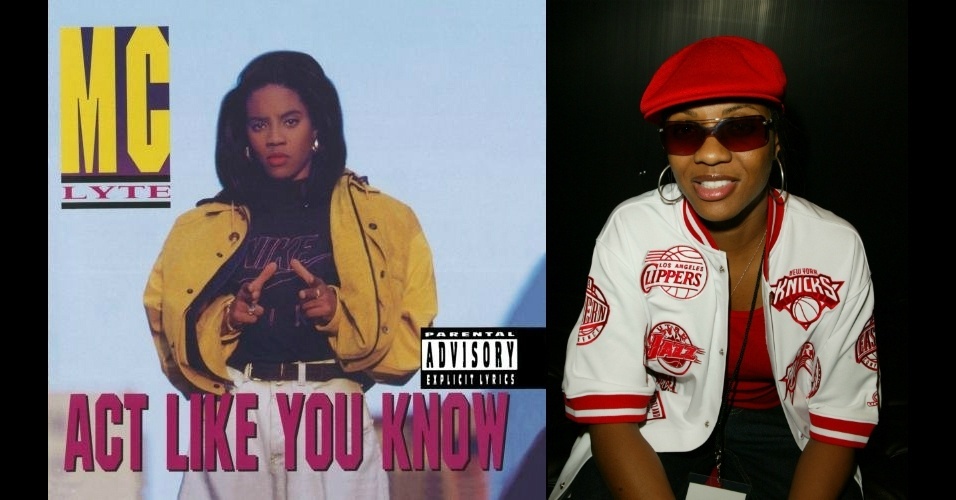 Pioneira entre as mulheres do rap, MC Lyte com visuais bem característicos do hip hop - calça baggy, jaqueta esportiva, brincos de argola e boina - em foto de capa de disco e em evento de 2003 - Reprodução / Getty Images