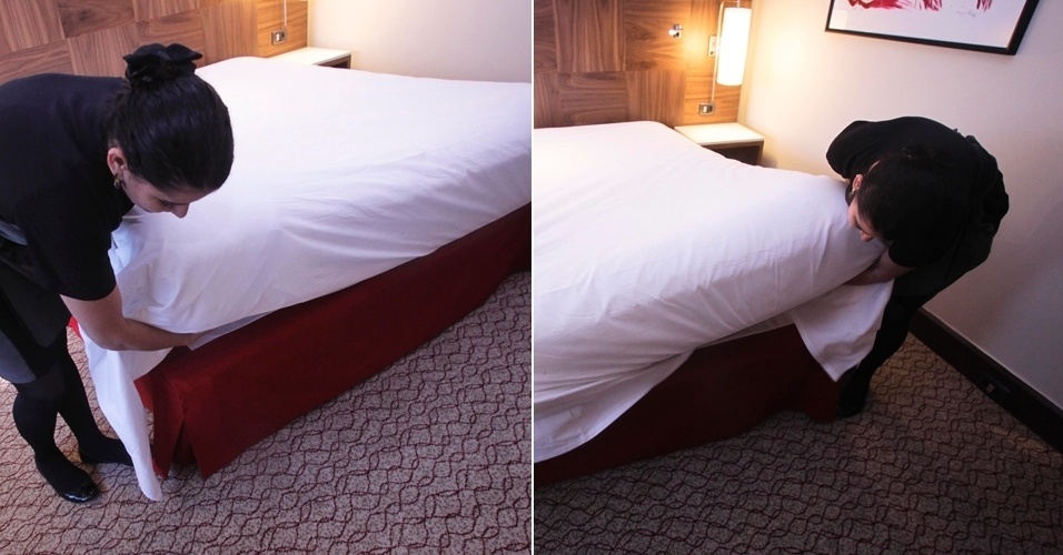 Após entender o segundo lençol, somente ao pé da cama, dobre-o para debaixo do colchão juntamente com o segundo lençol. As partes laterais do segundo lençol, nesta etapa, devem ficar soltas. - Montagem/ UOL