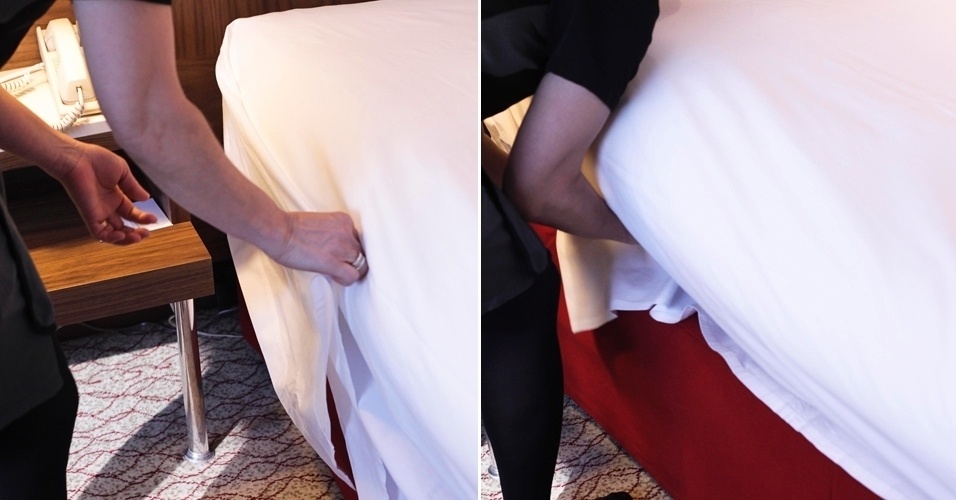 Depois de colocar embaixo do colchão as laterais do lençol próximas ao pé da cama, também dobre o lençol junto à cabeceira. Para auxiliar na colocação desta parte, puxe a ponta do lençol para cima, em um ângulo de aproximadamente 45º e ponha por debaixo do colchão. - Montagem/ UOL