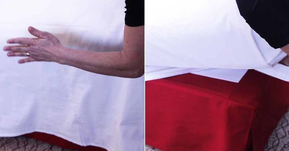 Estendido sobre a cama,  dobre o lençol somente nas laterais próximas ao pé da cama, colocando-o embaixo do colchão. A parte do lençol que fica ao pé da cama deve ficar solta. - Montagem/ UOL