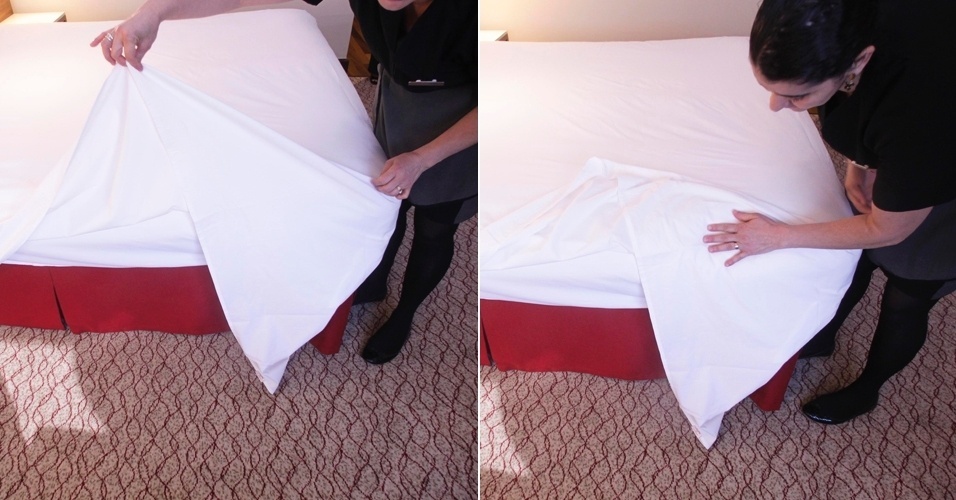 Feita a dobra ao pé da cama, na lateral, pegue a ponta do segundo lençol e a puxe para cima, em um ângulo aproximado de 45º. Assente a ponta do lençol sobre a cama para ajudar na próxima dobra, ao "envelopar" a cama. - Montagem/ UOL