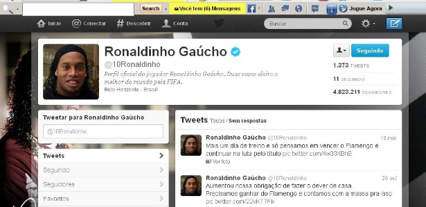 Ronaldinho Gaúcho usa twitter para demonstrar vontade de vencer o Flamengo - Reprodução/Twitter