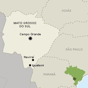 Mapa mostra localização dos municípios de Iguatemi e Naviraí, no Mato Grosso do Sul, palco de conflito entre os índios guaranis-kaiowás e fazendeiros - Arte/UOL