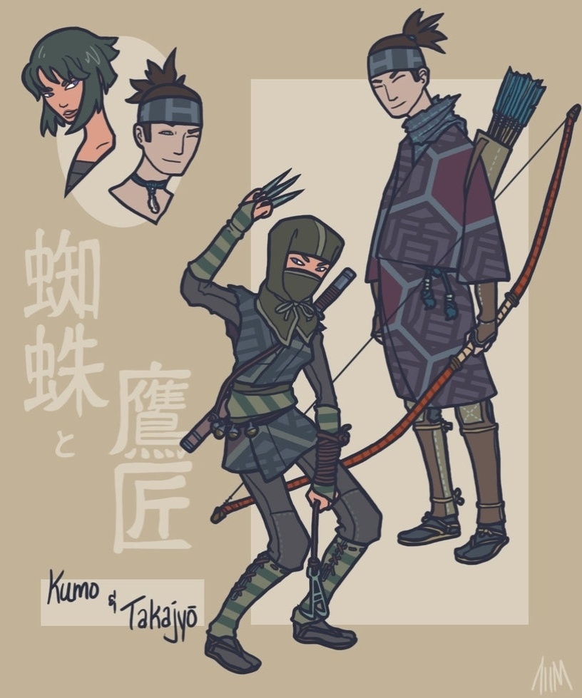 A personagem Viúva Negra é reimaginada como a guerreira Kumo e o Arqueiro vira Takajyou. Todos os personagens são inspirados histórias do folclore japonês que se misturam com as características dos heróis da Marvel - DeviantArt/Genesischant