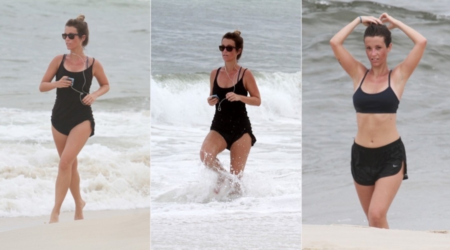 Juliana Didone se exercitou na praia da Barra da Tijuca, zona oeste do Rio (1/11/12). Após correr, a atriz se refrescou no mar