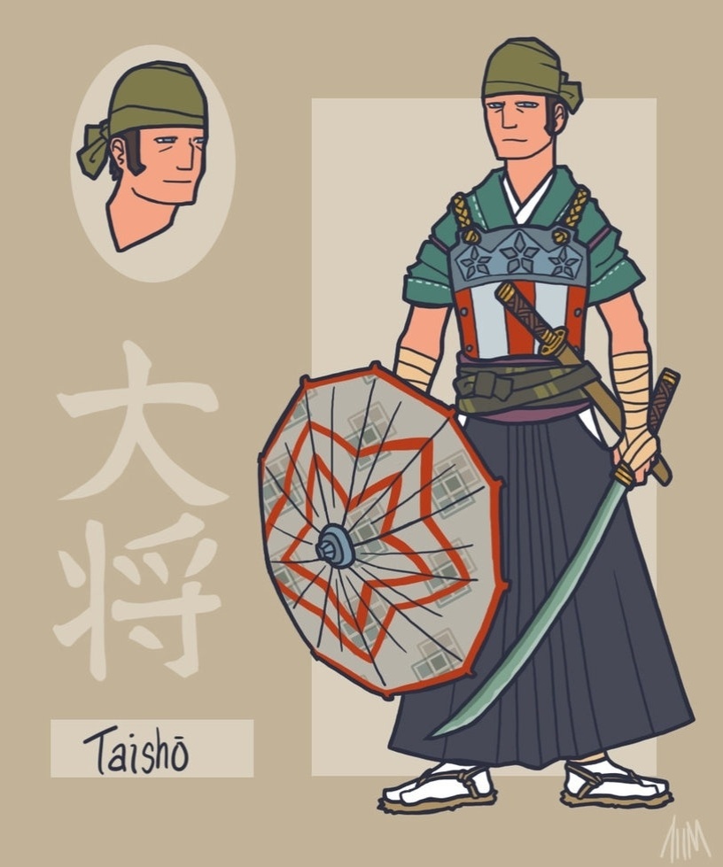 O Capitão América é reimaginado como Taishou, alterego de Shin Raijou que tem um estilo de luta peculiar e foi treinado nas artes marciais ainda na infância, assim como o americano foi soldado e ajudou nos conflitos de unificação do Japão - DeviantArt/Genesischant