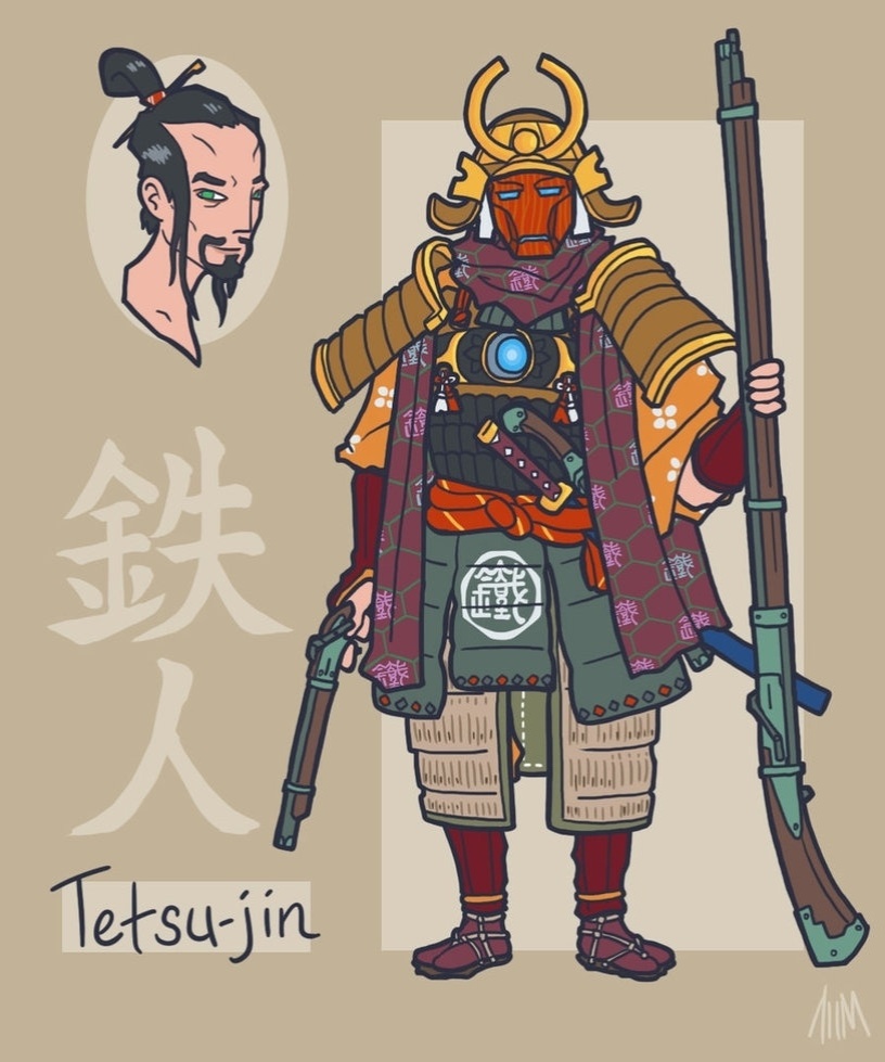 O Homem de Ferro é comparado a Tetsu-jin, alterego de Tetsuya Suzaku, que assim como Tony Stark nasceu em uma rica e poderosa família que trabalhava com roupas e armaduras, uma briga com a família rival o forçou a usar armadura como um disfarce para não ser encontrado - DeviantArt/Genesischant